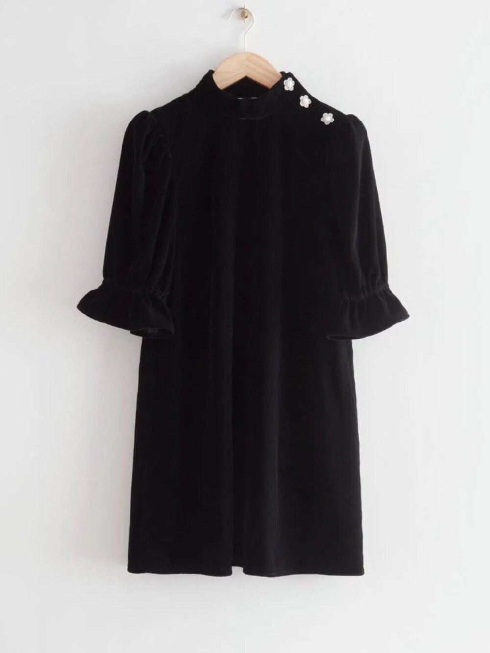 & OTHER STORIES Puff Sleeve Velvet Mini Dress With Pearl Flower Buttons